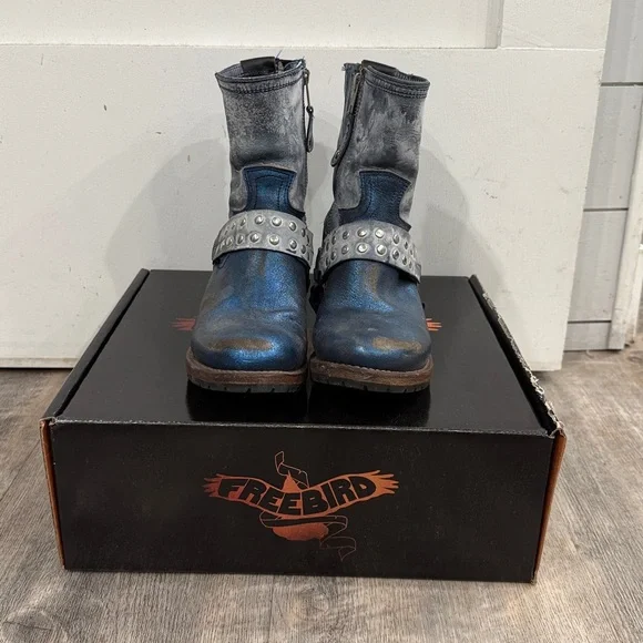 Freebird Metallic Blue Ramone Motorcycle Studded Harness Moto Boots 8 - Picture 2 of 11